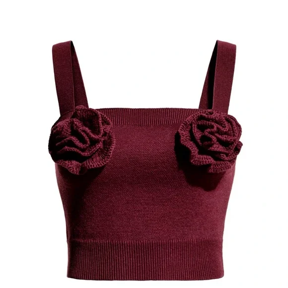 Wool Blend Elegant Burgundy Knit Top with Rose Applique - Picture 1 of 4